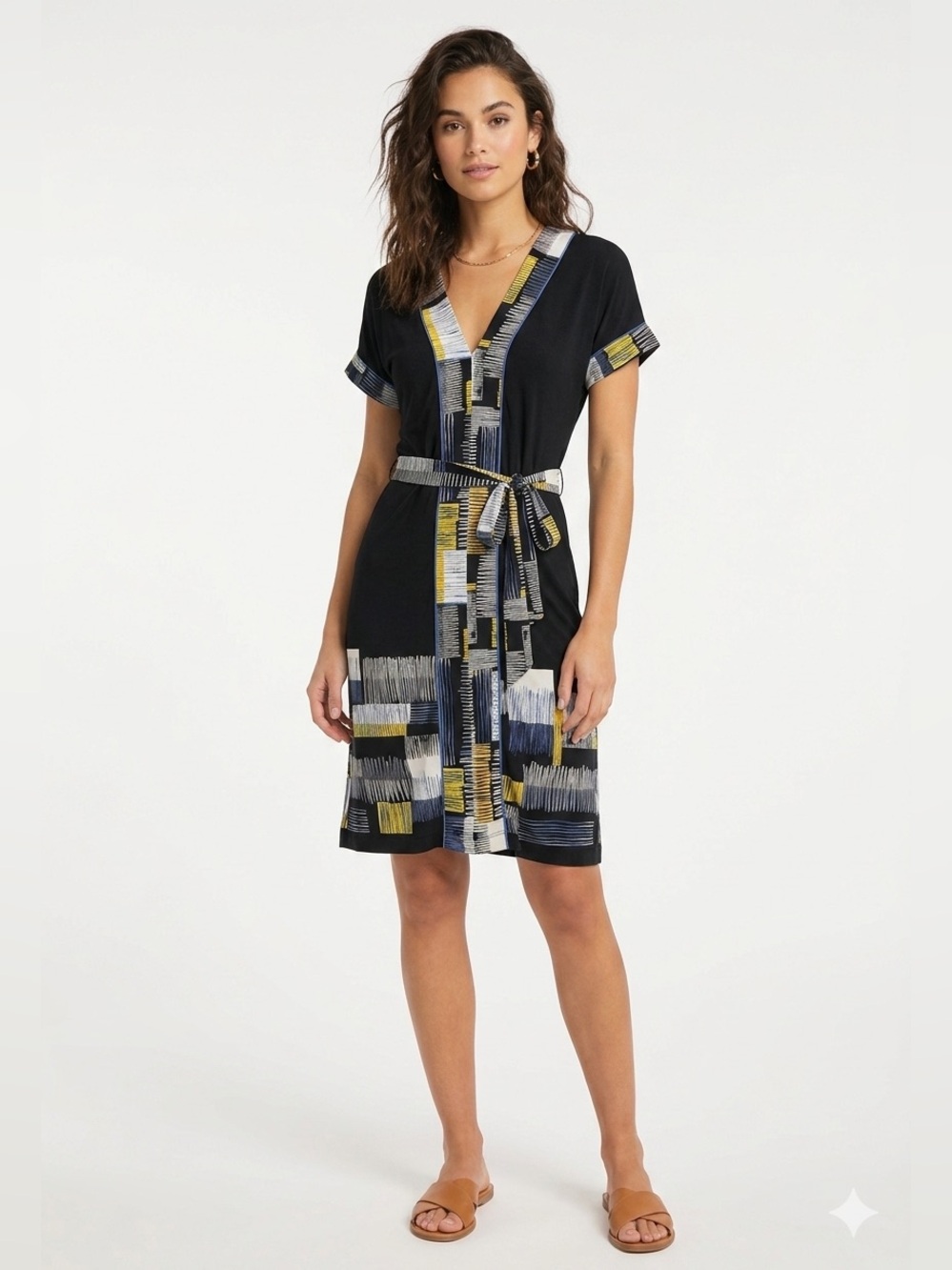BCBGMaxAzria Black Midi Dress with Blue, Yellow & White Geometric Trim